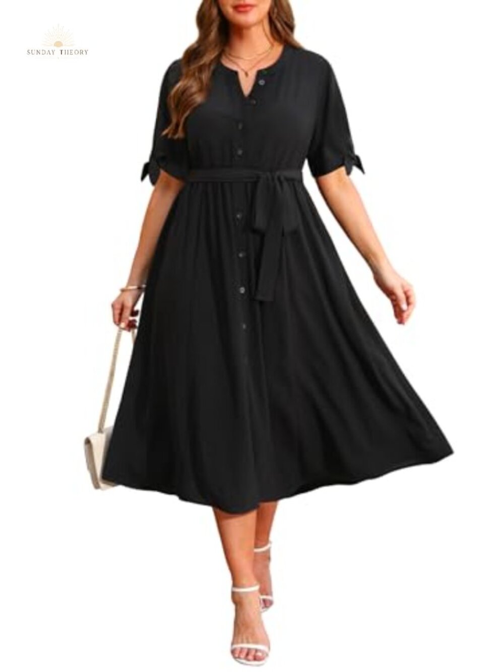 Plus Size Black A-Line Midi Work Dress Button Front Adjustable Belt Pockets